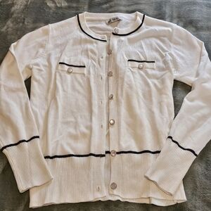 Grace Karin White Black Stripe Viscose Blend Pearl Button Up Cardigan Size Large